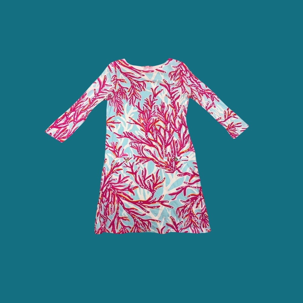 Lilly Pulitzer Girls XL 12-14 Pink Blue Coral Reef Long Sleeve Shift Dress